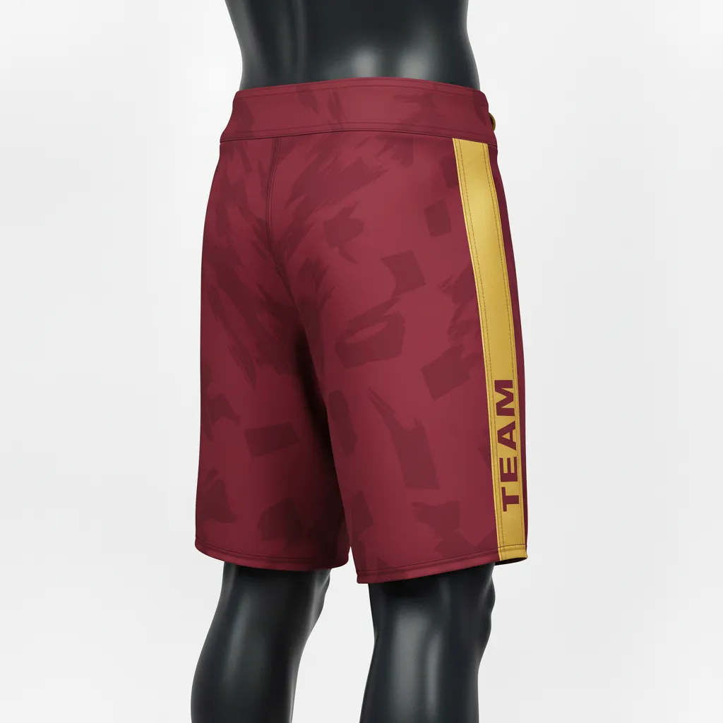 Custom Wrestling Board Style Fight Shorts - Burgundy, Gold - Vegas Panel - Front View - Kinexa Sportswear