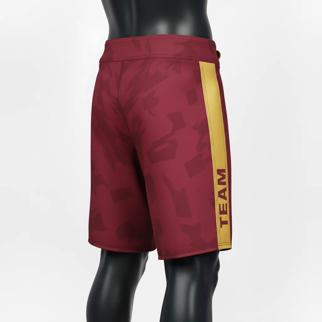 Custom Wrestling Board Style Fight Shorts - Burgundy, Gold - Vegas Panel - Side View - Kinexa Sportswear