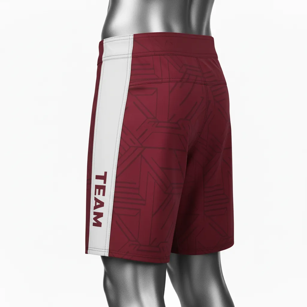 Custom Wrestling Board Style Fight Shorts - Burgundy, White - Panel - Back View - Kinexa Sportswear