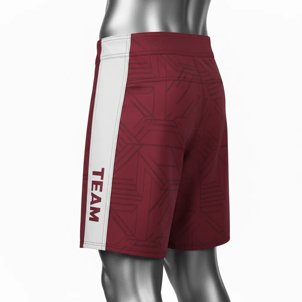 Custom Wrestling Board Style Fight Shorts - Burgundy, White - Panel - Front View - Kinexa Sportswear