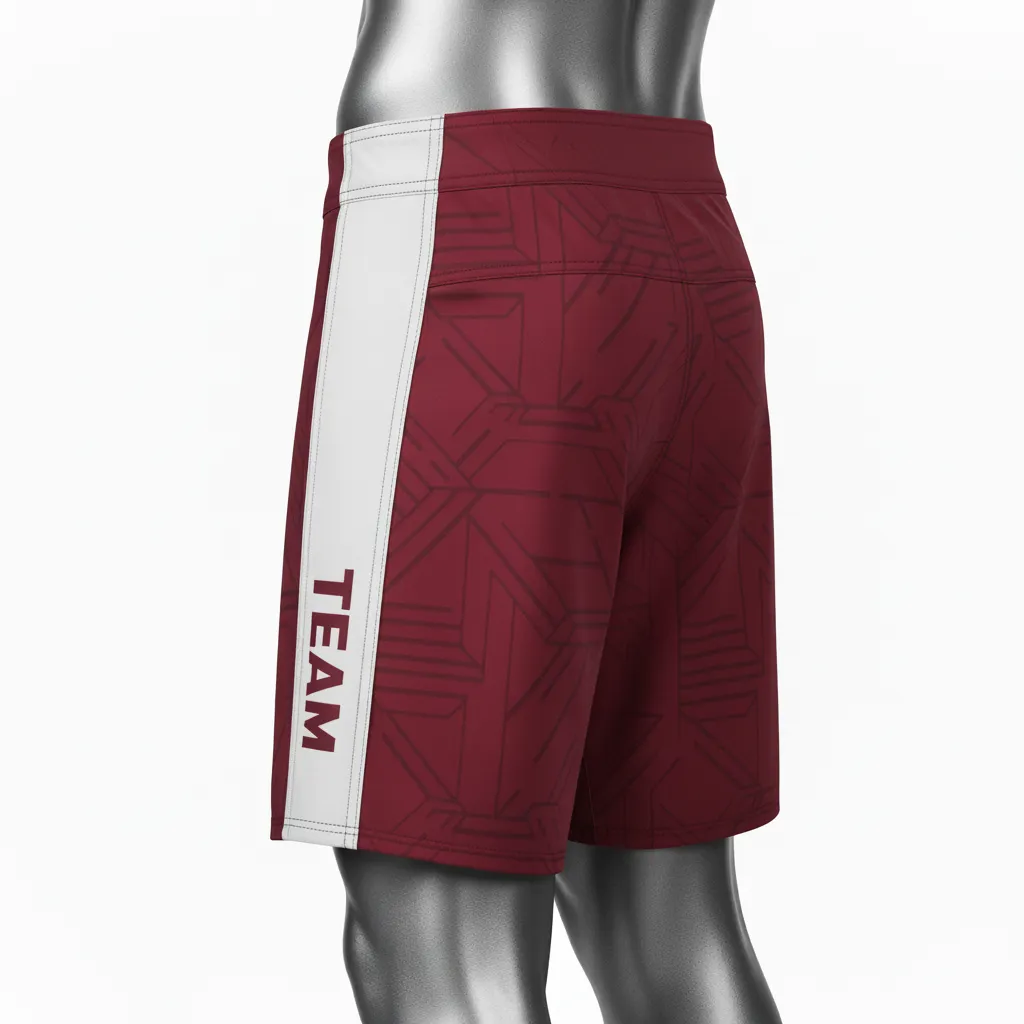 Custom Wrestling Board Style Fight Shorts - Burgundy, White - Panel - Side View - Kinexa Sportswear