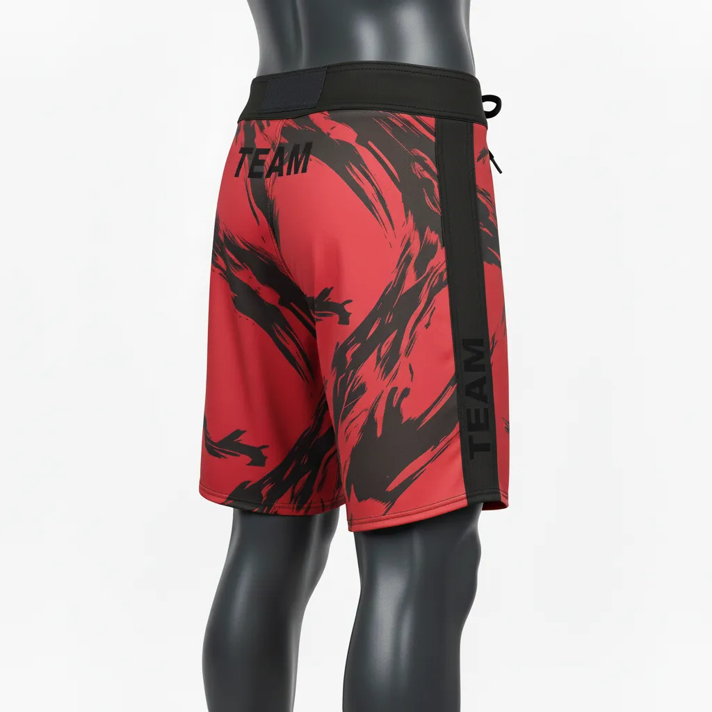 Custom Wrestling Board Style Fight Shorts - Black - Cardinal Panel - Back View - Kinexa Sportswear