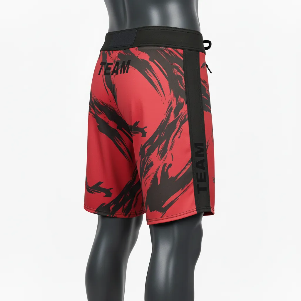 Custom Wrestling Board Style Fight Shorts - Black - Cardinal Panel - Side View - Kinexa Sportswear