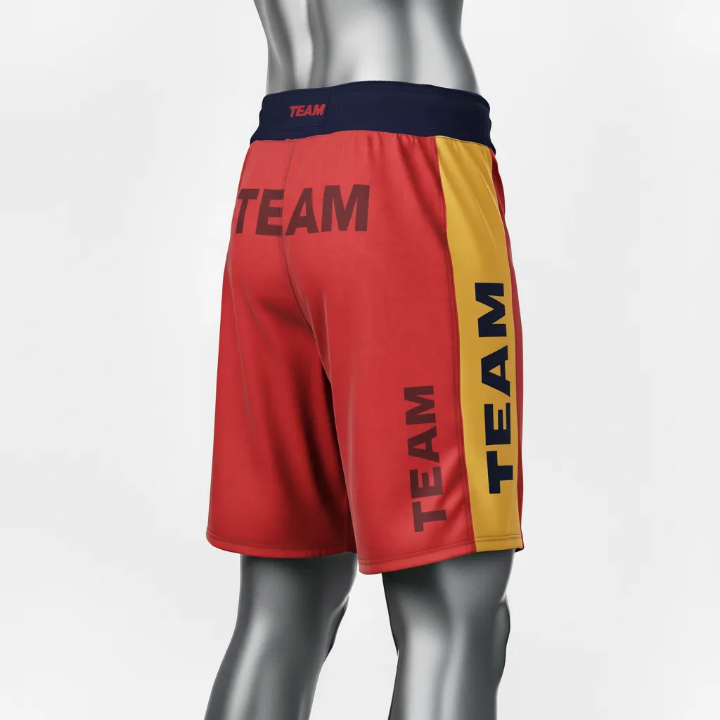 Custom Wrestling Board Style Fight Shorts - Gold - Cardinal Vegas Panel - Side View - Kinexa Sportswear