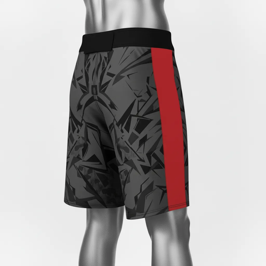 Custom Wrestling Board Style Fight Shorts - Red - Charcoal Stripe - Back View - Kinexa Sportswear