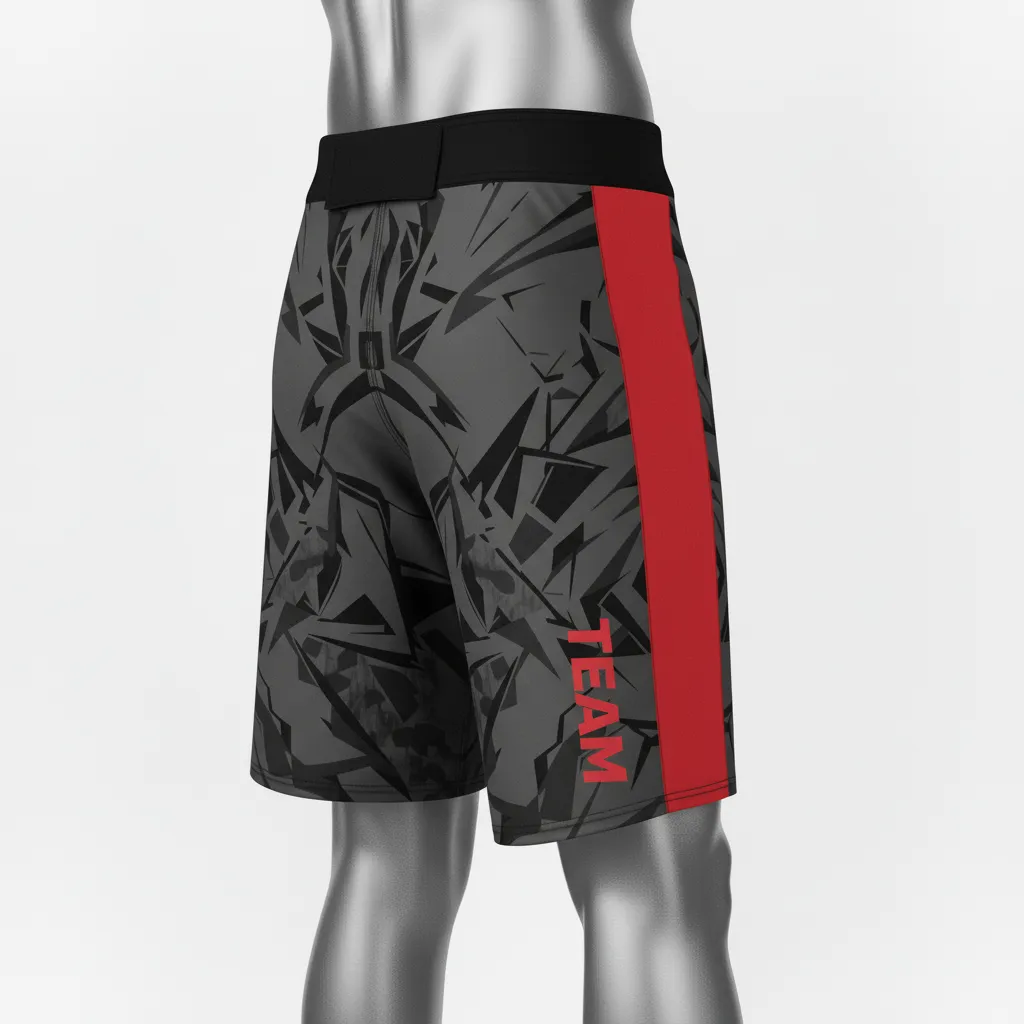 Custom Wrestling Board Style Fight Shorts - Red - Charcoal Stripe - Front View - Kinexa Sportswear