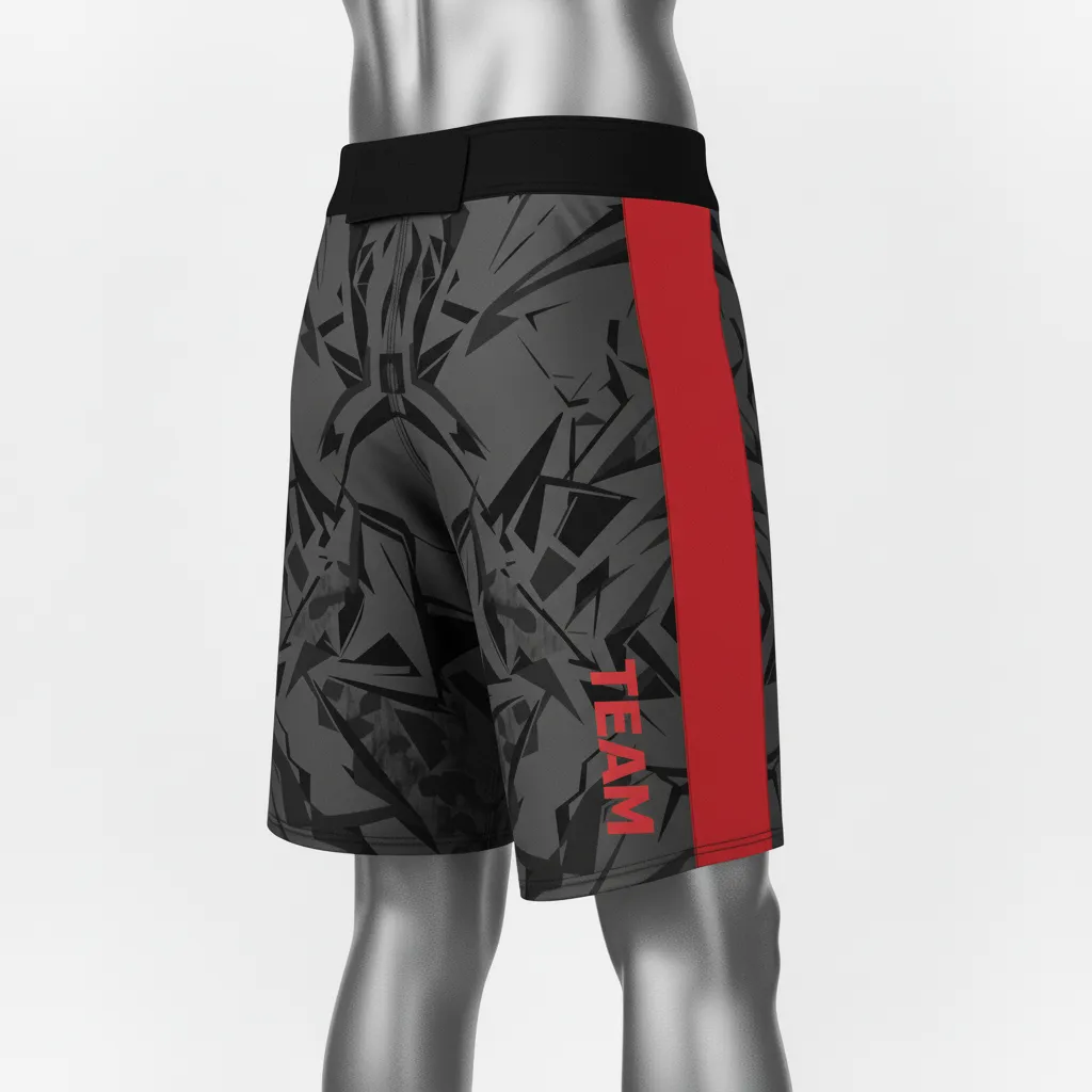 Custom Wrestling Board Style Fight Shorts - Red - Charcoal Stripe - Side View - Kinexa Sportswear