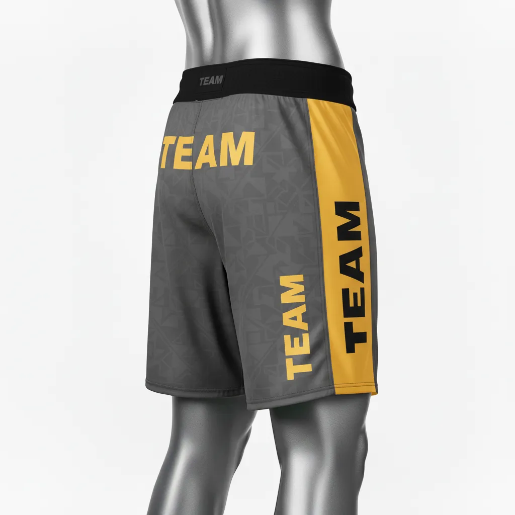 Custom Wrestling Board Style Fight Shorts - Gold - Charcoal Vegas Stripe - Front View - Kinexa Sportswear