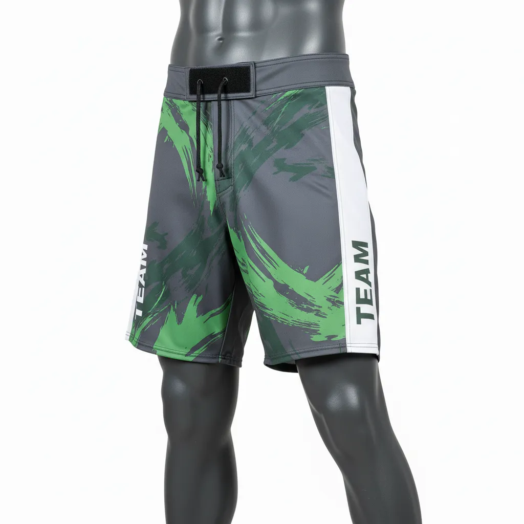 Custom Wrestling Board Style Fight Shorts - White - Charcoal Panel - Side View - Kinexa Sportswear