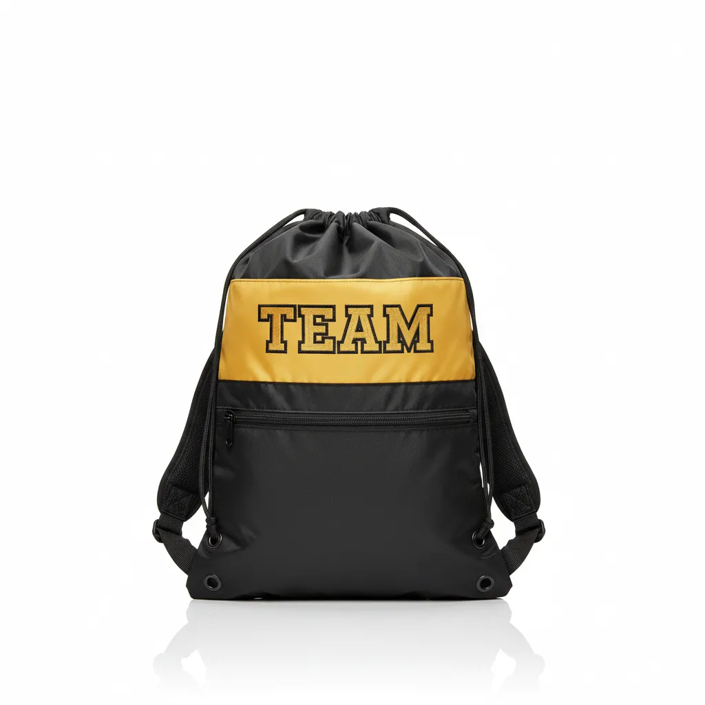 Custom Wrestling Cinch Bag - Black, Gold - Vegas Front Panel - Front View - Kinexa Sportswear