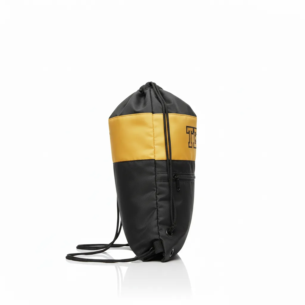 Custom Wrestling Cinch Bag - Black, Gold - Vegas Front Panel - Side View - Kinexa Sportswear