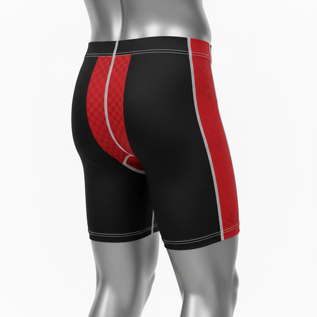 Custom Wrestling Compression Shorts - Black, Red - Stripe Accent - Back View - Kinexa Sportswear
