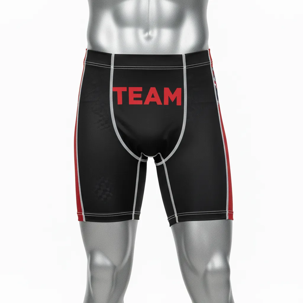 Custom Wrestling Compression Shorts - Black, Red - Stripe Accent - Front View - Kinexa Sportswear