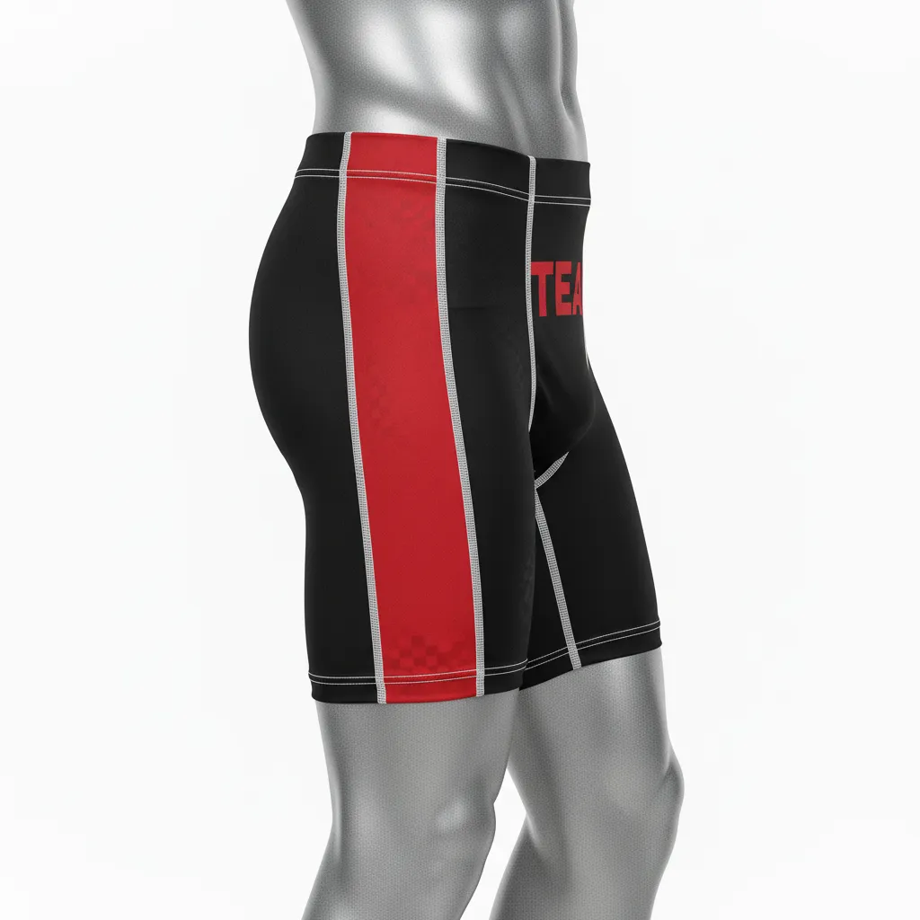 Custom Wrestling Compression Shorts - Black, Red - Stripe Accent - Side View - Kinexa Sportswear