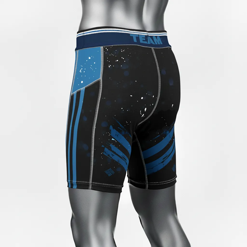 Custom Wrestling Compression Shorts - Black - Royal Stripe - Back View - Kinexa Sportswear