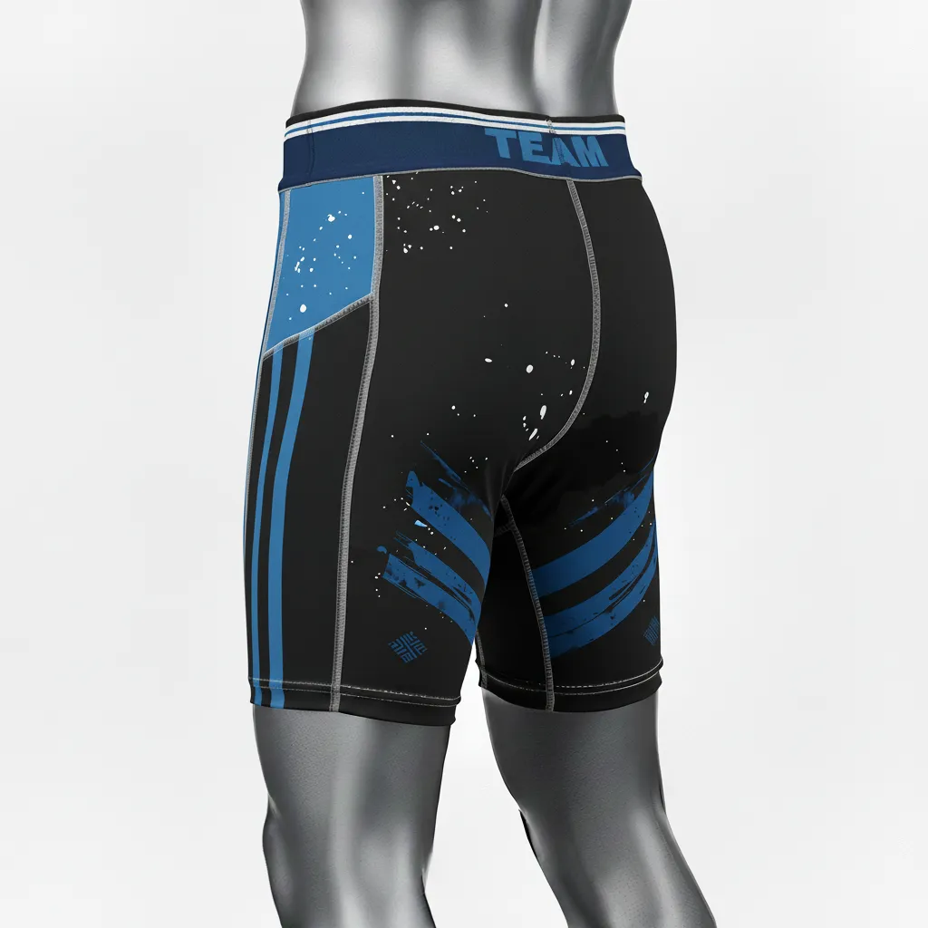 Custom Wrestling Compression Shorts - Black - Royal Stripe - Front View - Kinexa Sportswear