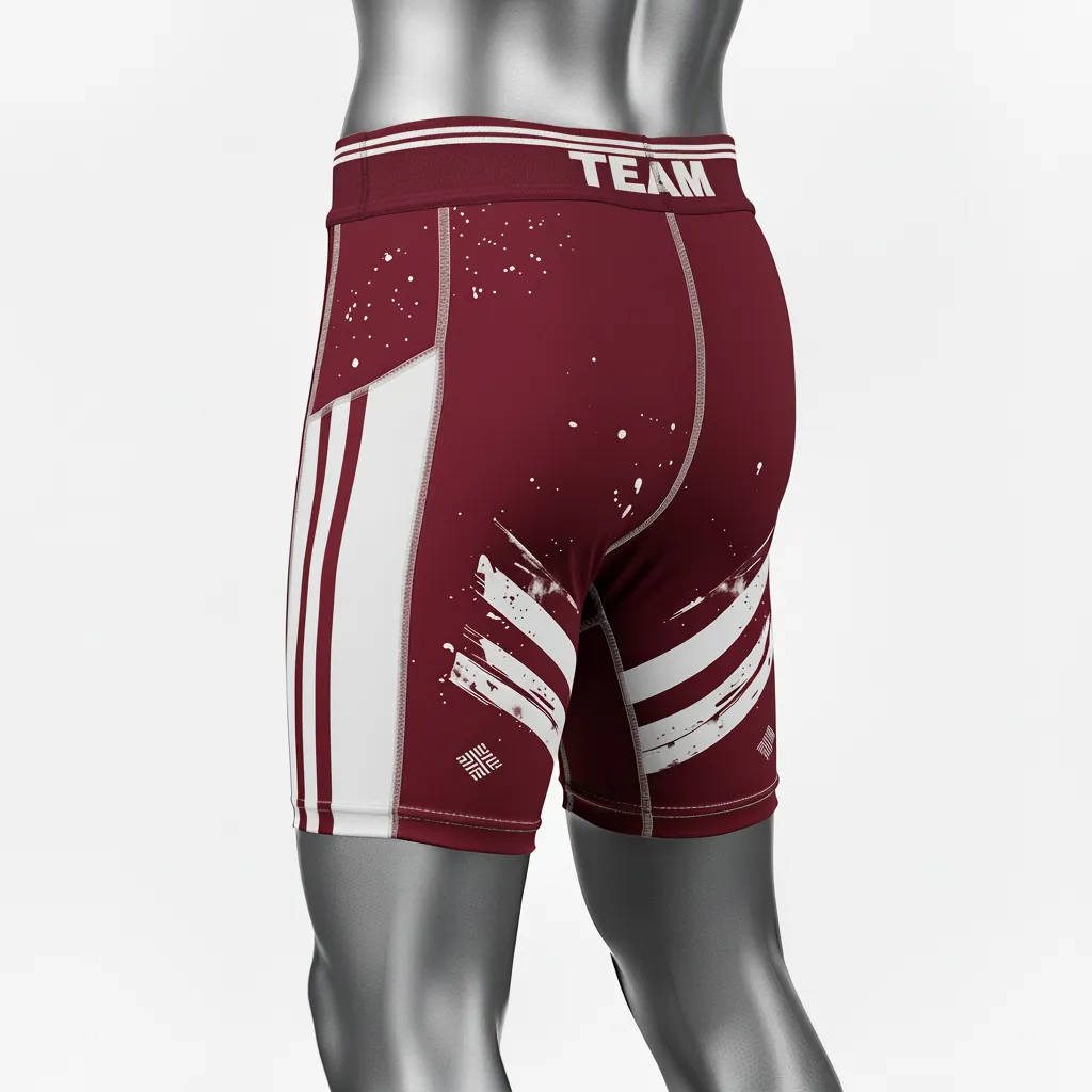 Custom Wrestling Compression Shorts - Burgundy, White - Stripe - Back View - Kinexa Sportswear