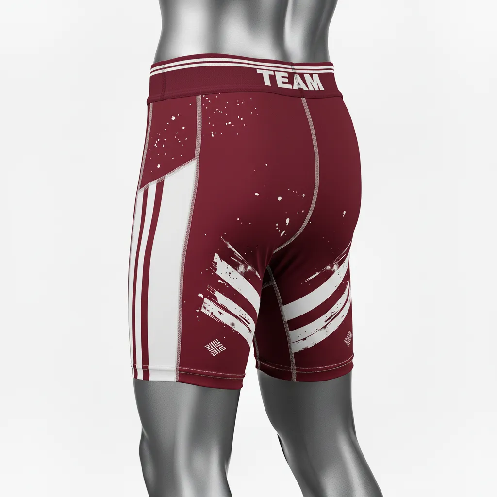 Custom Wrestling Compression Shorts - Burgundy, White - Stripe - Front View - Kinexa Sportswear