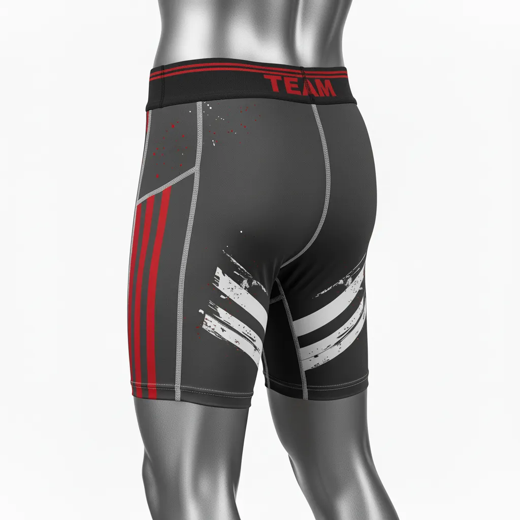 Custom Wrestling Compression Shorts - Red - Charcoal Stripe - Back View - Kinexa Sportswear