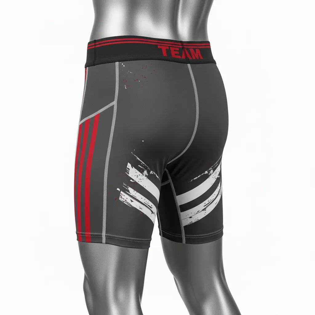 Custom Wrestling Compression Shorts - Red - Charcoal Stripe - Front View - Kinexa Sportswear
