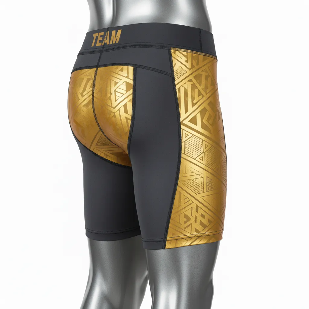 Custom Wrestling Compression Shorts - Gold - Charcoal Vegas Panel - Back View - Kinexa Sportswear