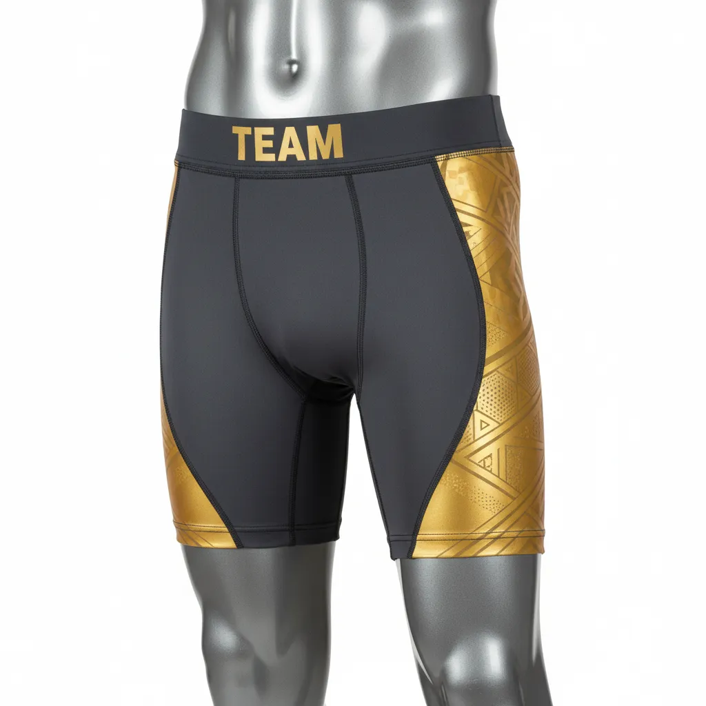 Custom Wrestling Compression Shorts - Gold - Charcoal Vegas Panel - Front View - Kinexa Sportswear