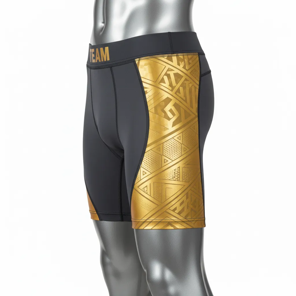 Custom Wrestling Compression Shorts - Gold - Charcoal Vegas Panel - Side View - Kinexa Sportswear