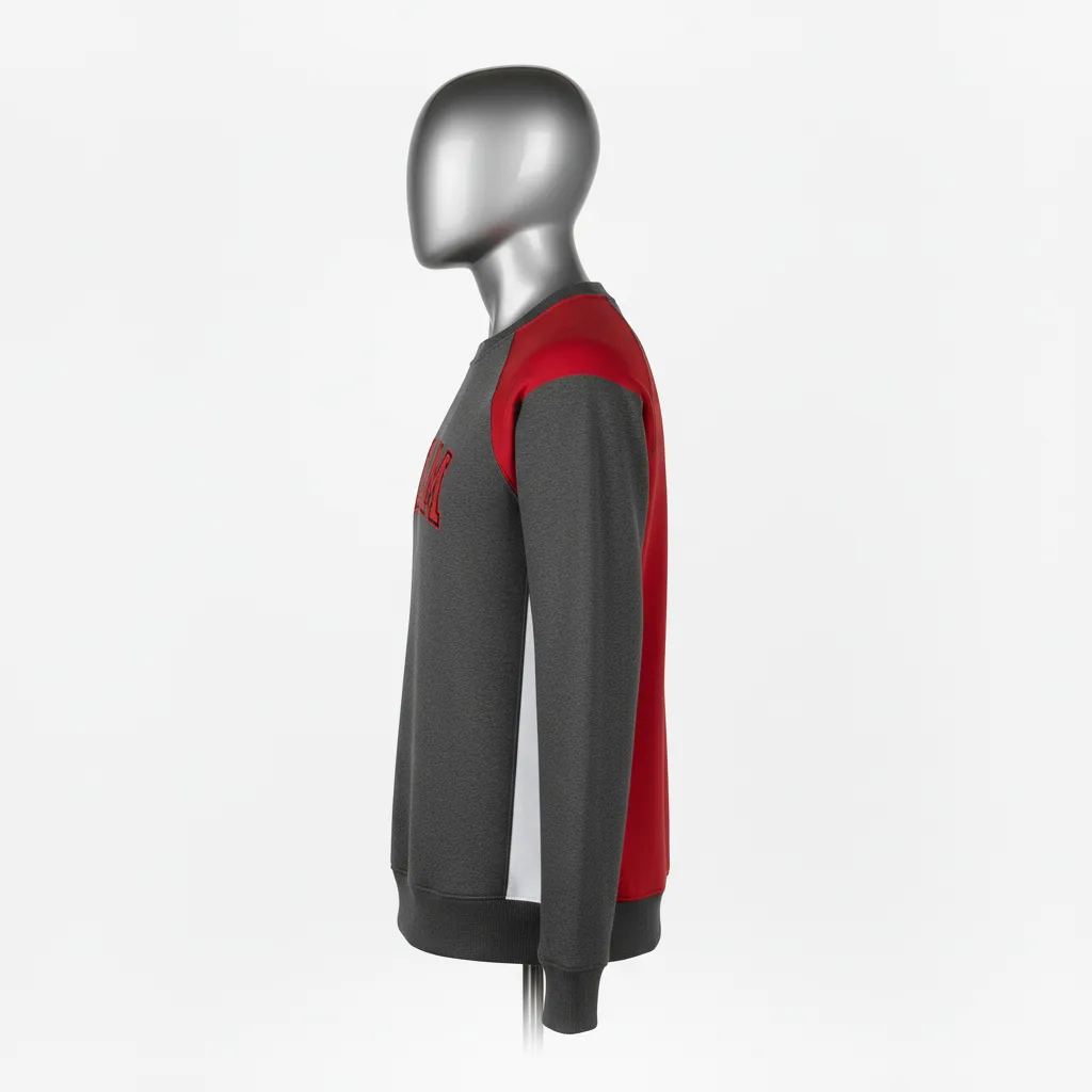 Custom Wrestling Crewneck Sweatshirt - Red - Charcoal Shoulder Panel - Side View - Kinexa Sportswear