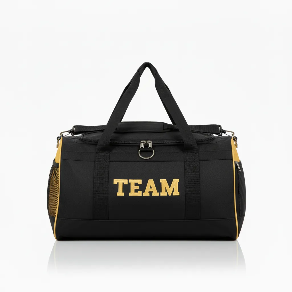 Custom Wrestling Duffle Bag - Black, Gold - Vegas Side Panel - Front View - Kinexa Sportswear