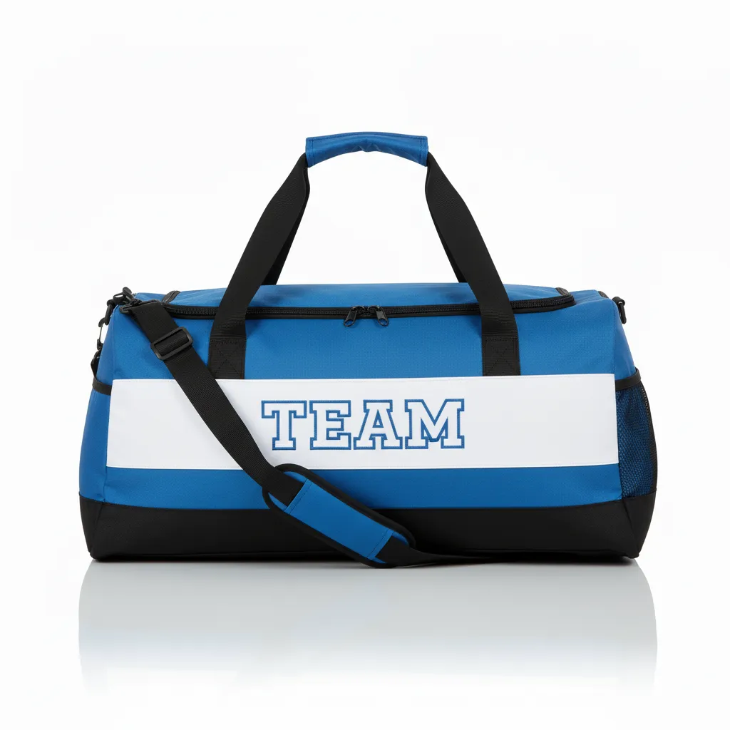 Custom Wrestling Duffle Bag - Blue, White - Columbia Side Panel - Front View - Kinexa Sportswear