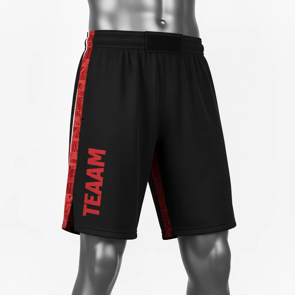 Custom Wrestling Fight Shorts - Black, Red - Panel - Front View - Kinexa Sportswear