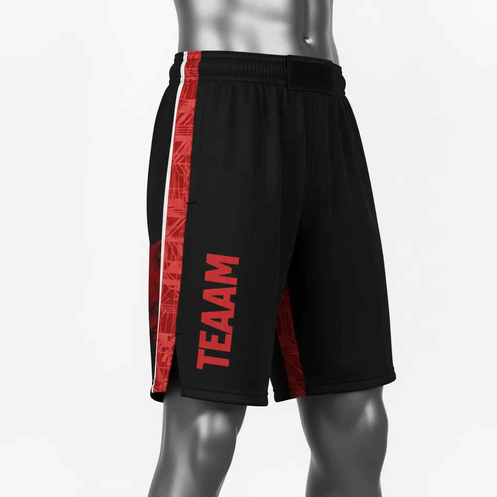 Custom Wrestling Fight Shorts - Black, Red - Panel - Side View - Kinexa Sportswear
