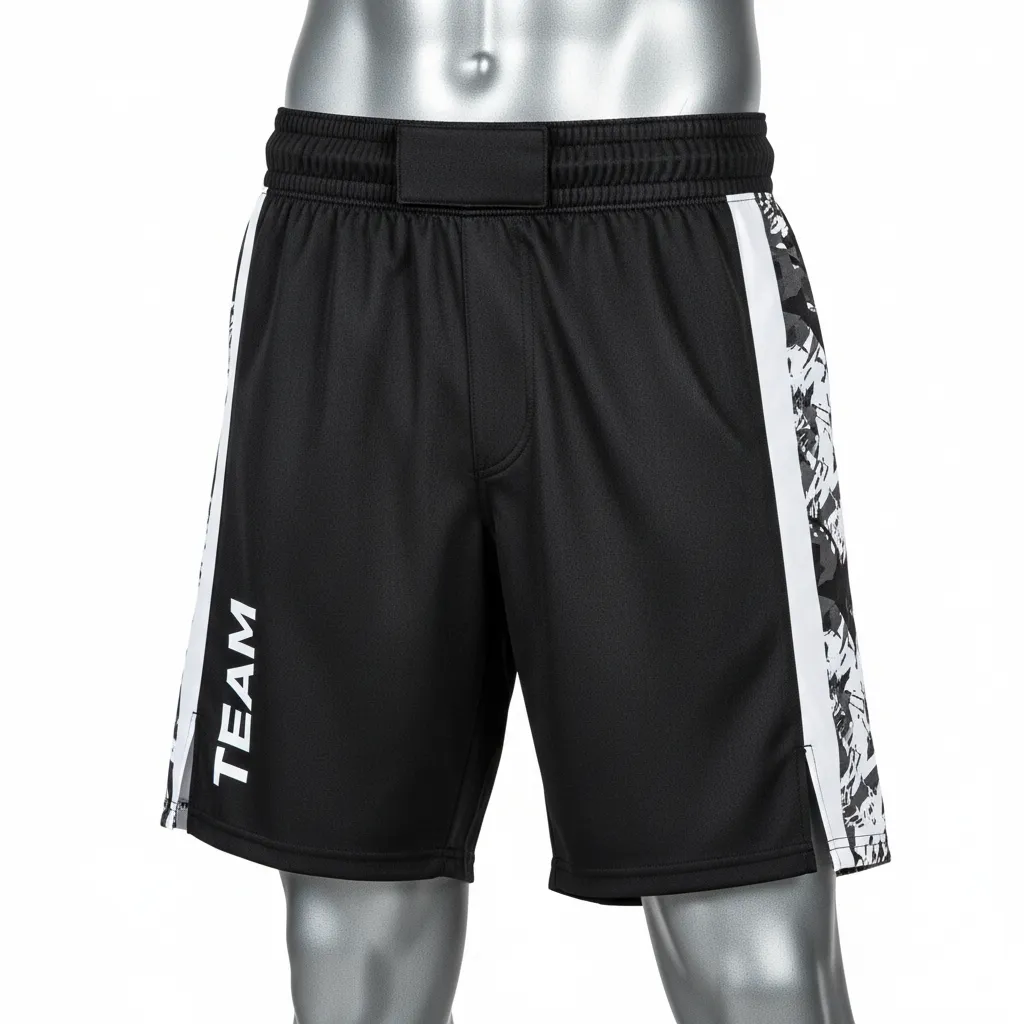 Custom Wrestling Fight Shorts - Black, White - Panel - Front View - Kinexa Sportswear