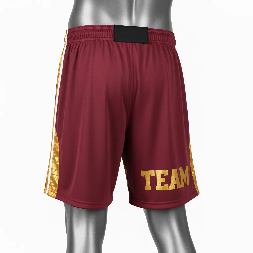 Custom Wrestling Fight Shorts - Burgundy, Gold - Vegas Panel - Front View - Kinexa Sportswear