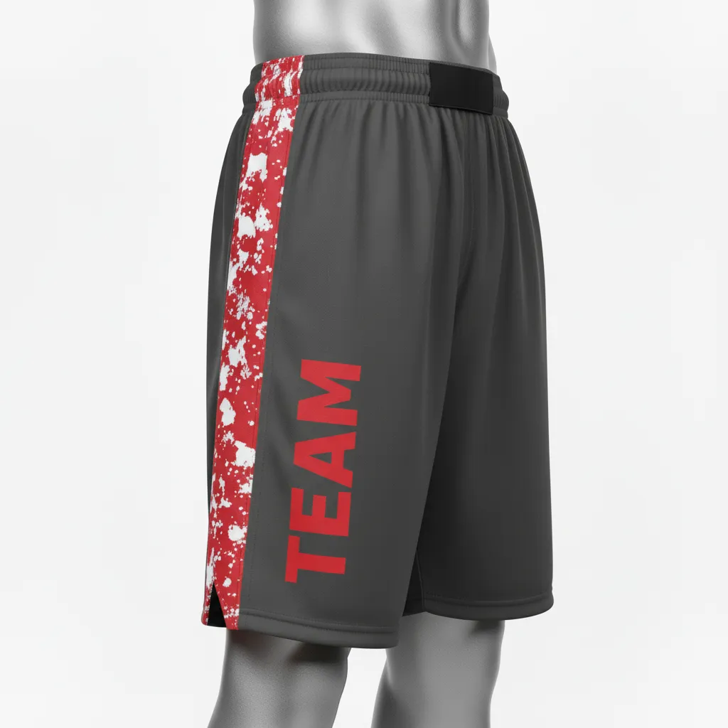 Custom Wrestling Fight Shorts - Red - Charcoal Stripe - Front View - Kinexa Sportswear