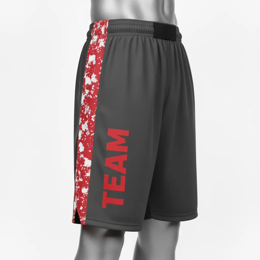 Custom Wrestling Fight Shorts - Red - Charcoal Stripe - Side View - Kinexa Sportswear
