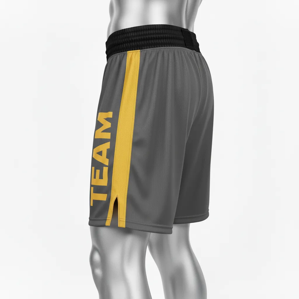 Custom Wrestling Fight Shorts - Gold - Charcoal Vegas Stripe - Side View - Kinexa Sportswear