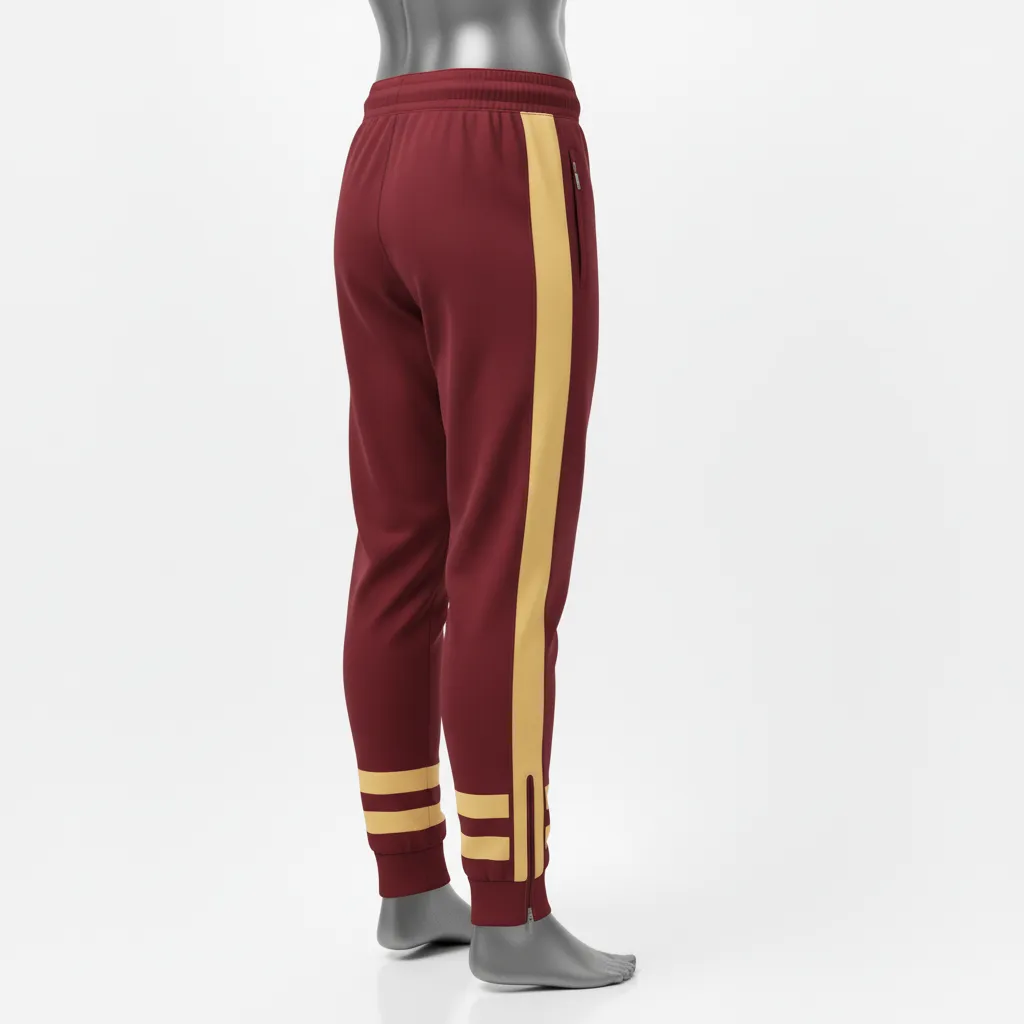 Custom Wrestling Full Length Warmup Pant - Burgundy, Gold - Vegas Side Stripe - Back View - Kinexa Sportswear