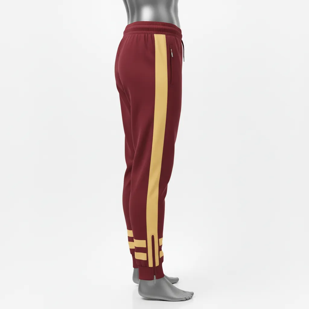 Custom Wrestling Full Length Warmup Pant - Burgundy, Gold - Vegas Side Stripe - Side View - Kinexa Sportswear