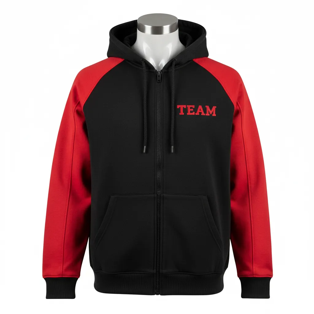 Custom Wrestling Full Zip Hoodie - Black, Red - Raglan - Front View - Kinexa Sportswear