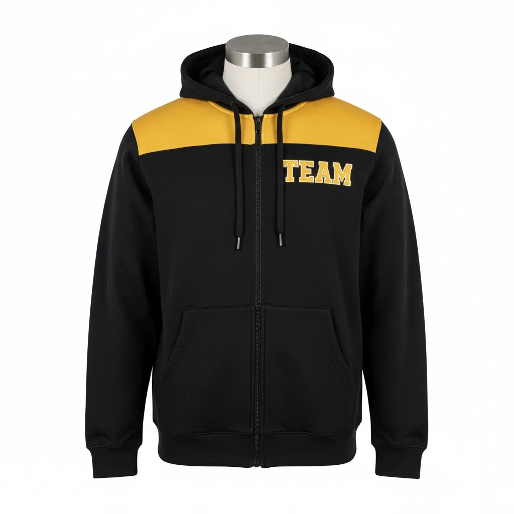 Custom Wrestling Full Zip Hoodie - Black, Gold - Vegas Shoulder Stripe - Front View - Kinexa Sportswear