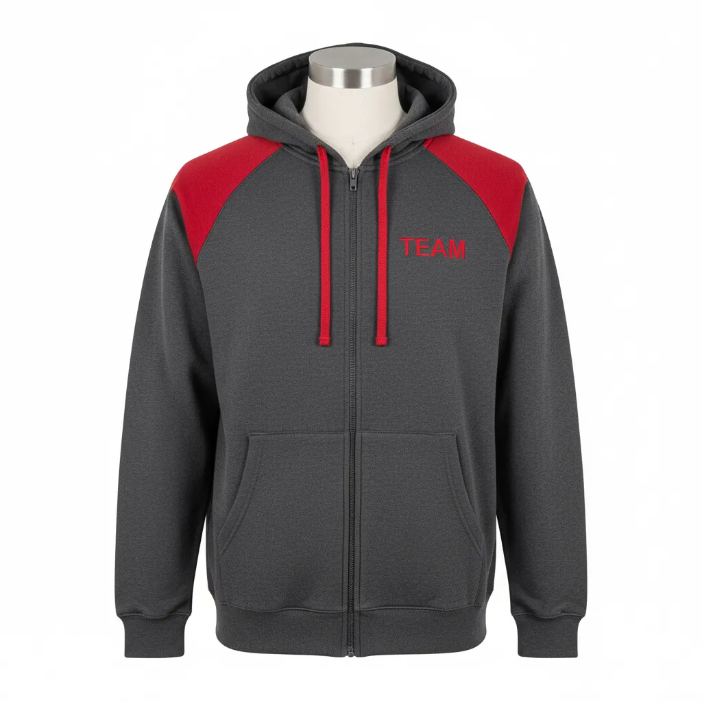Custom Wrestling Full Zip Hoodie - Red - Charcoal Shoulder Panel - Front View - Kinexa Sportswear