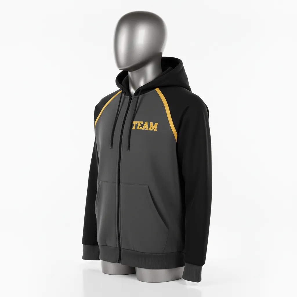 Custom Wrestling Full Zip Hoodie - Gold - Charcoal Vegas Shoulder Stripe - Side View - Kinexa Sportswear