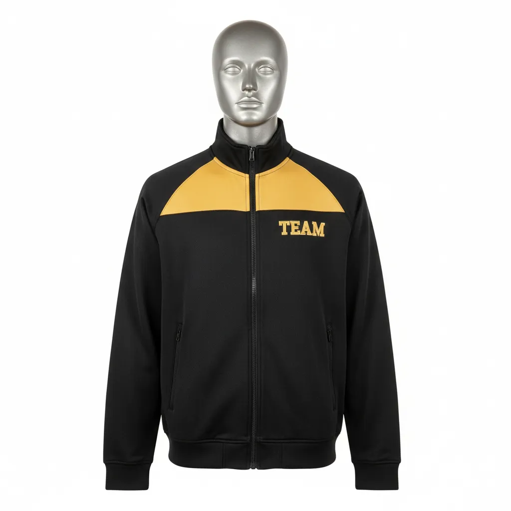 Custom Wrestling Full Zip Warmup Jacket - Black, Gold - Vegas Shoulder Stripe - Front View - Kinexa Sportswear