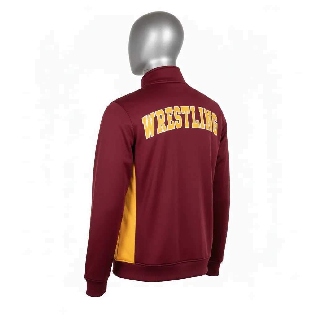 Custom Wrestling Full Zip Warmup Jacket - Burgundy, Gold - Vegas Side Panel - Back View - Kinexa Sportswear