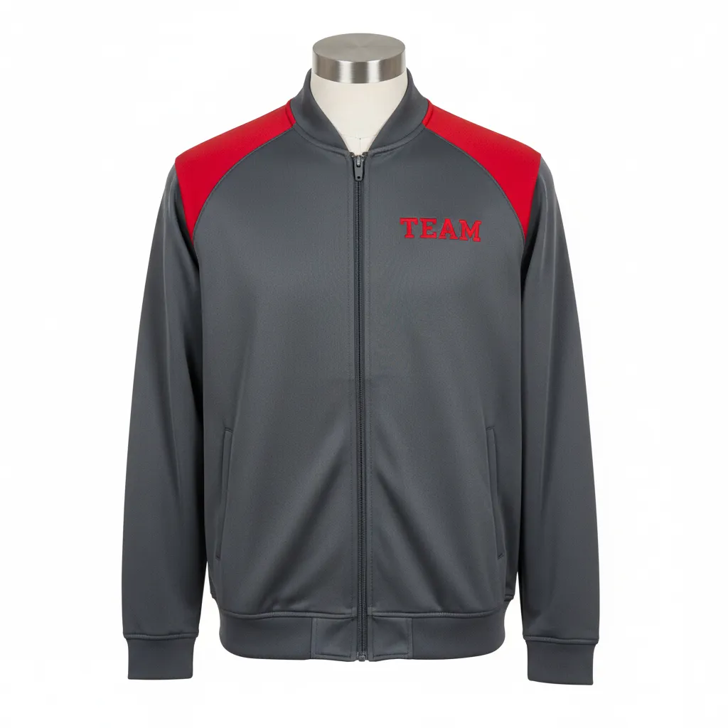 Custom Wrestling Full Zip Warmup Jacket - Red - Charcoal Shoulder Panel - Front View - Kinexa Sportswear