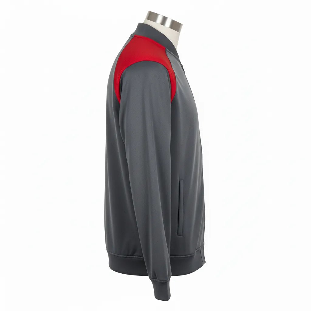 Custom Wrestling Full Zip Warmup Jacket - Red - Charcoal Shoulder Panel - Side View - Kinexa Sportswear