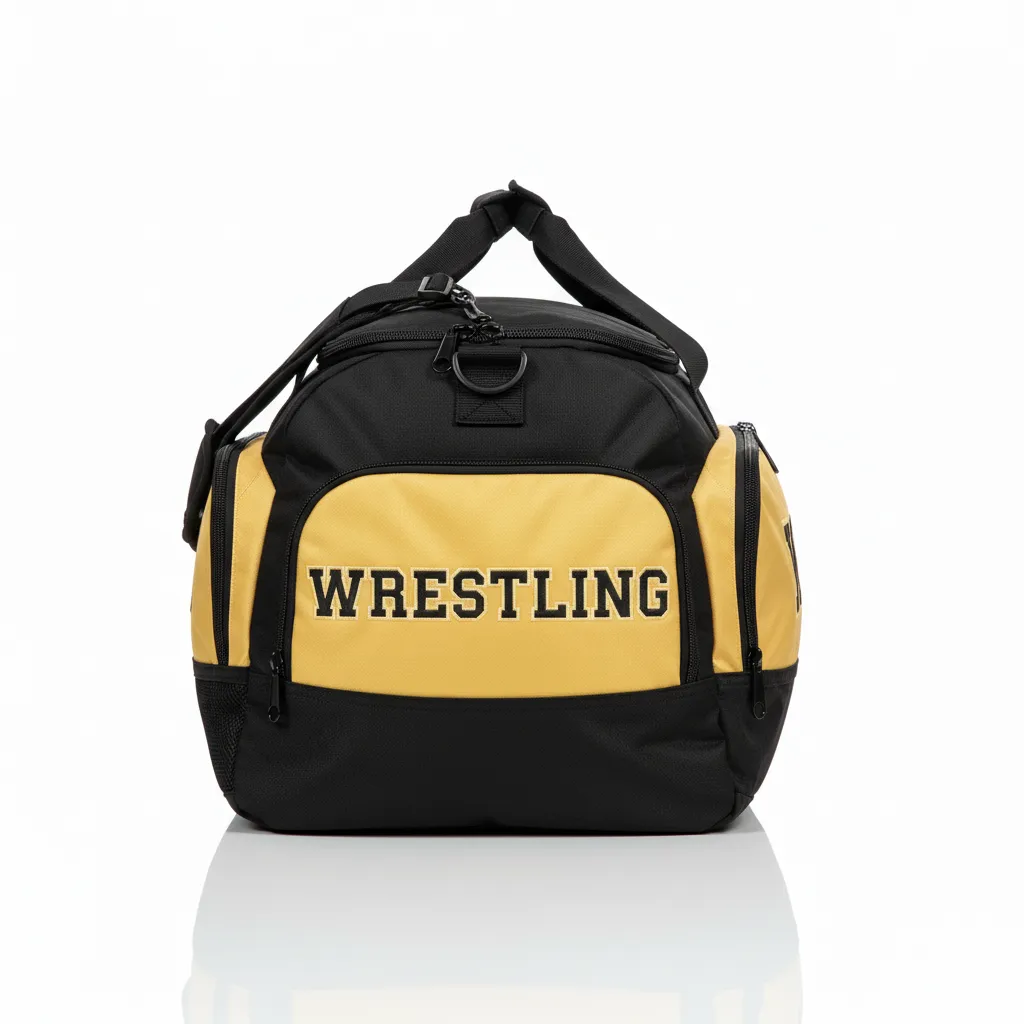Custom Wrestling Gearbag - Black, Gold - Gear Vegas Front Panel - Side View - Kinexa Sportswear
