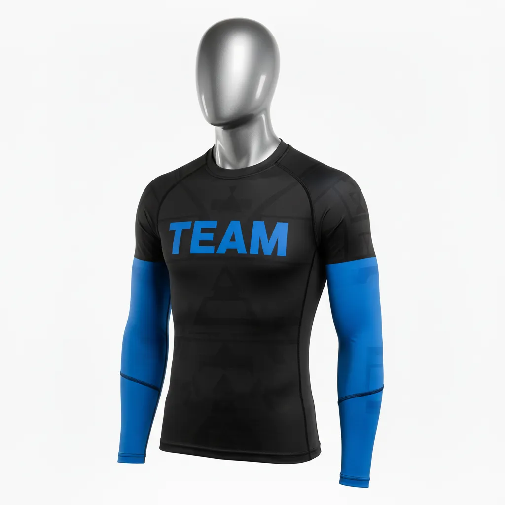 Custom Wrestling Long Sleeve Compression Shirt - Black - Royal Stripe - Front View - Kinexa Sportswear