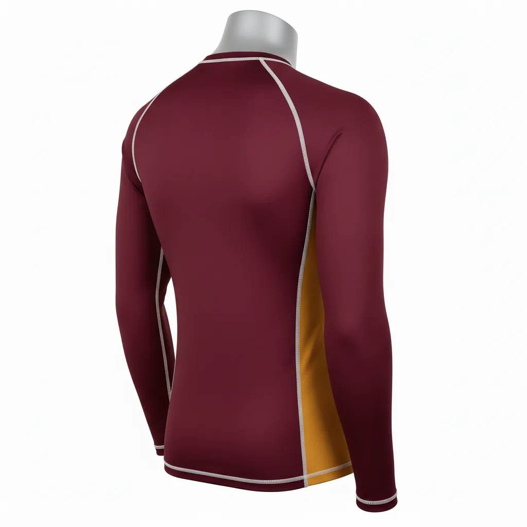Custom Wrestling Long Sleeve Compression Shirt - Burgundy, Gold - Vegas Side Stripe - Back View - Kinexa Sportswear